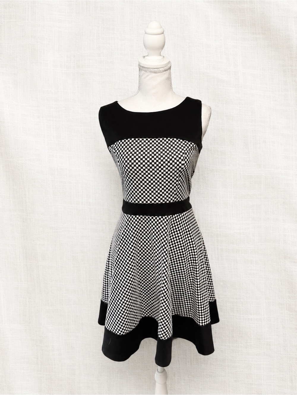 Black & White Checkered Fit-and-Flare Mini Dress